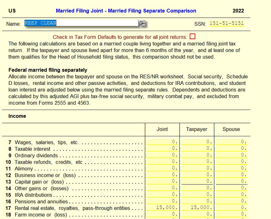 You can compare MFJ/MFS returns in a single form!