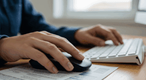 Tax preparer accessing UltimateTax Online software showing Spanish-English bilingual forms and unlimited e-filing interface
